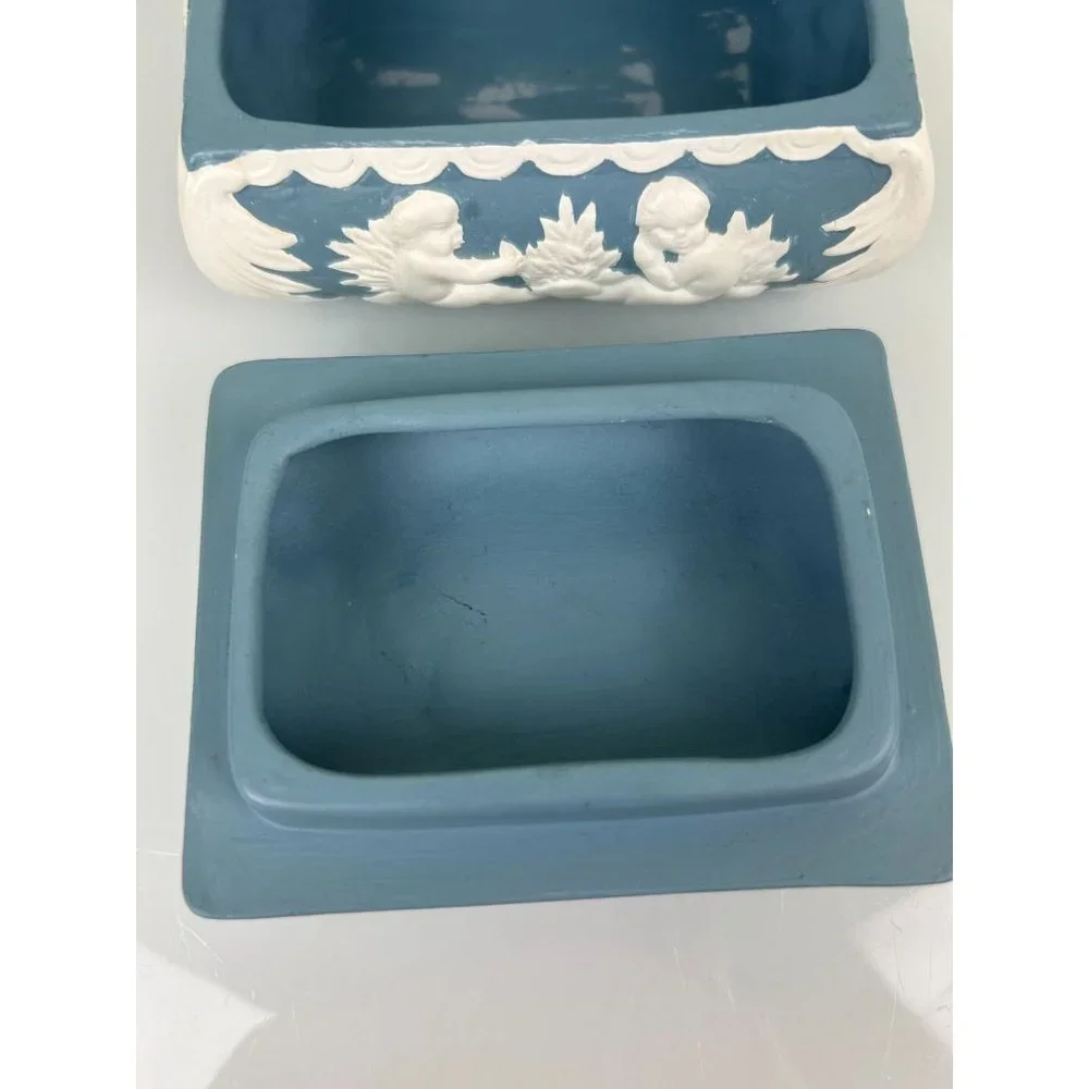 Vintage 1970s Hand Painted Ceramic Lidded Trinket Box Cherubs Angels Blue White